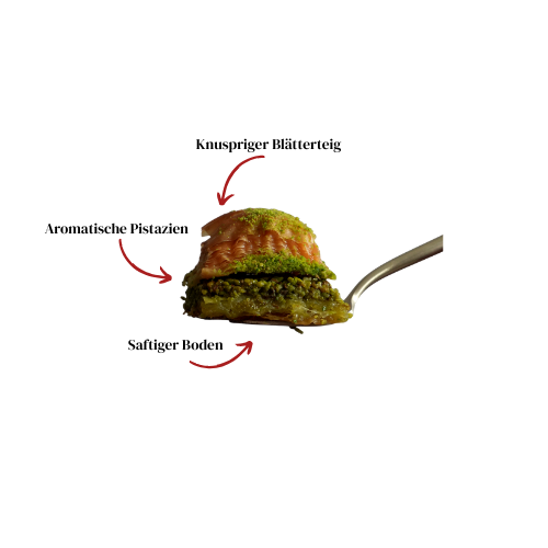 Baklava mit Pistazienfüllung: knuspriger Blätterteig, aromatische Pistazien, saftiger Boden.
